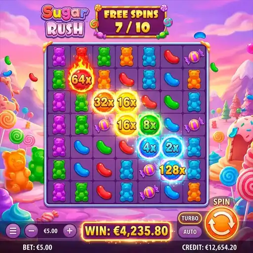 Sugar Rush slot free spins with glowing progressive multiplier positions