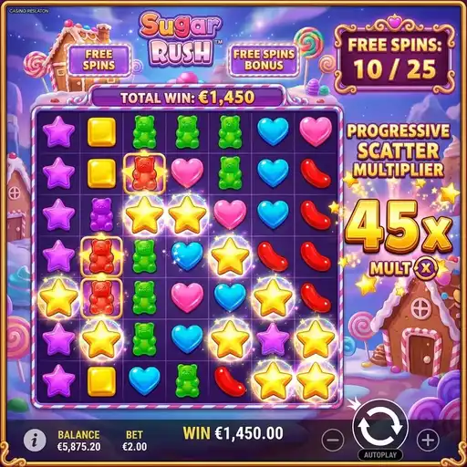 Sugar Rush Super Scatter free spins with progressive scatter multiplier building across 7x7 candy grid