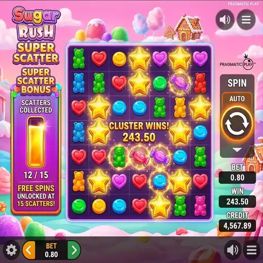 Sugar Rush Super Scatter slot 7x7 grid with scatter collection mechanic and candy symbols