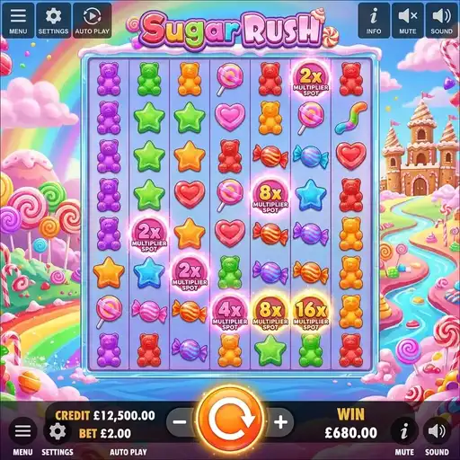 Sugar Rush slot candy kingdom 7x7 grid with progressive multiplier spots