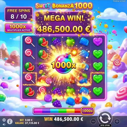 Sweet Bonanza 1000 free spins showing 1000x bomb multiplier landing with massive candy cluster cascade