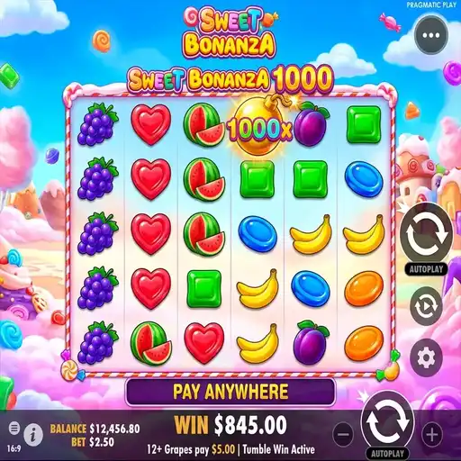 Sweet Bonanza 1000 slot 6x5 grid with 1000x bomb multipliers and colorful candy fruit symbols