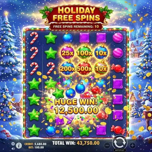 Sweet Bonanza Xmas free spins with Christmas ornament bomb multipliers showing holiday overlay