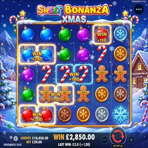 Sweet Bonanza Xmas slot 6x5 grid with Christmas candy symbols and holiday snow backdrop