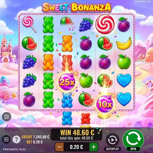 Sweet Bonanza slot 6x5 grid with colorful candy and fruit symbols