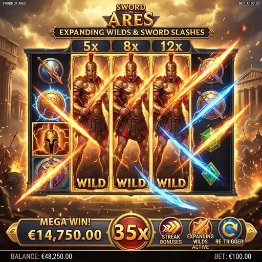 Sword of Ares free spins expanding wilds progressive multiplier Greek war god Ares battle