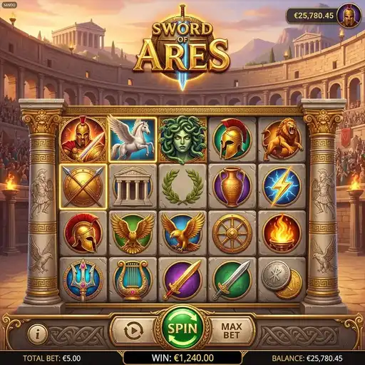 Sword of Ares slot 5x5 grid 20 paylines Greek god of war expanding wilds progressive multiplier