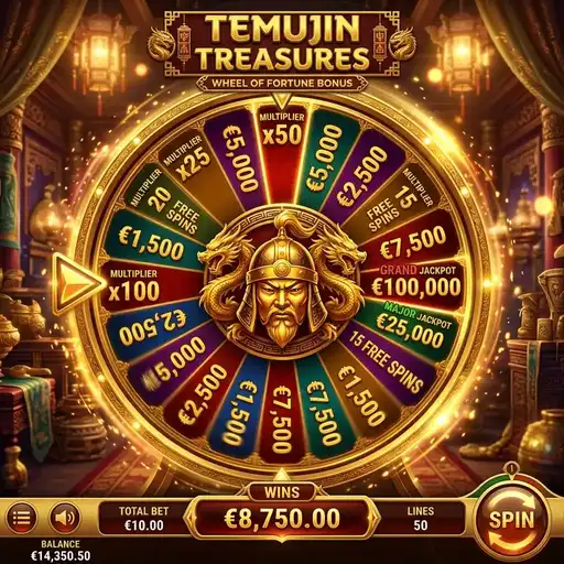 Temujin Treasures bonus wheel feature selection Mongol warrior eagle horse steppe nomadic camp