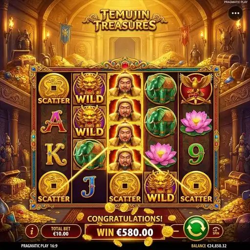 Temujin Treasures slot 5x4 grid 1024 ways Mongolian Genghis Khan multi-feature bonus wheel steppe