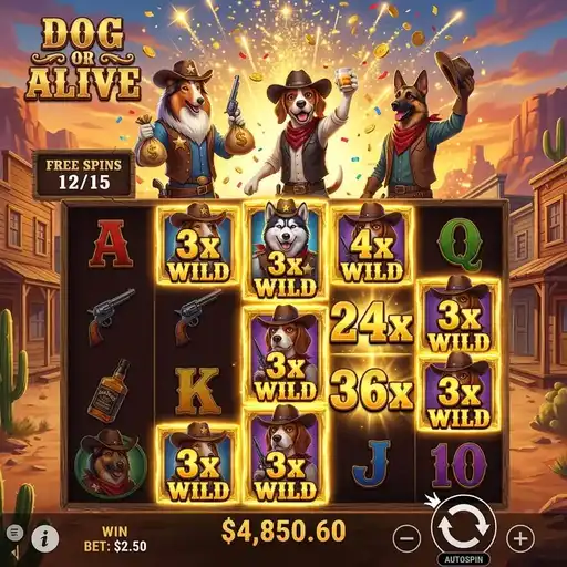 Dog or Alive free spins with sticky multiplier wilds on 5x4 western grid and gold wanted poster frames