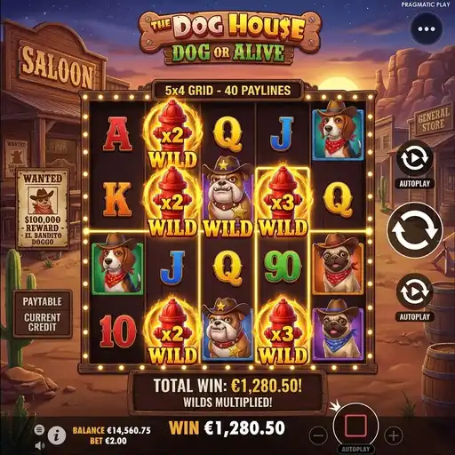 The Dog House Dog or Alive slot 5x4 western themed grid with cowboy dog characters and desert backdrop
