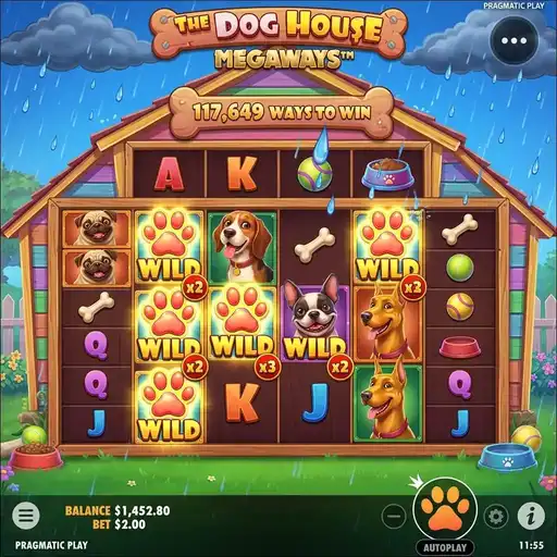 The Dog House Megaways slot variable reel grid with cartoon dog characters