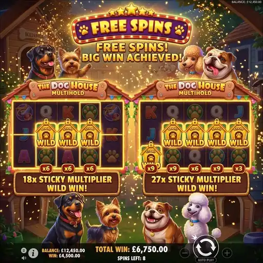 The Dog House Multihold free spins with dual grids showing sticky multiplier wilds building on both screens
