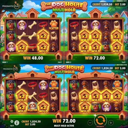 The Dog House Multihold slot dual split-screen 5x3 grids with dog symbols and kennel backdrop