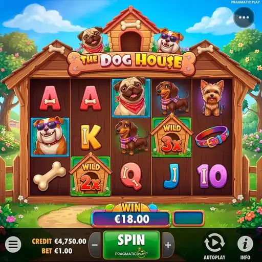 The Dog House slot cartoon dog kennel theme with colorful 5x3 grid