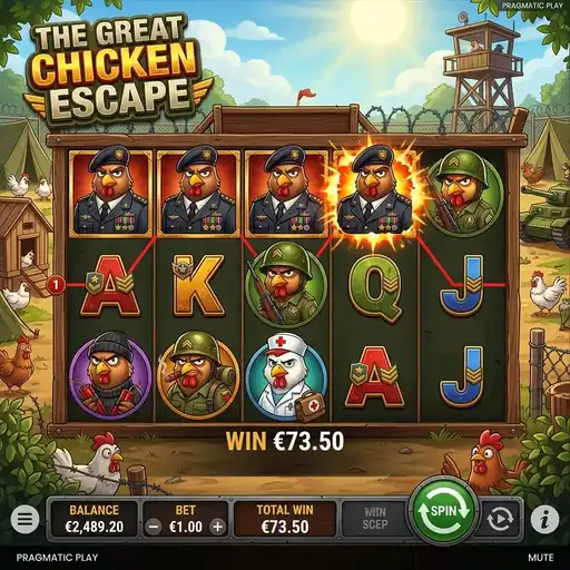 The Great Chicken Escape slot 5x3 grid with cartoon chickens in farmyard escape scenario