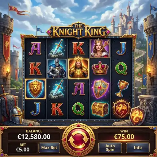 The Knight King slot base game with medieval knight symbols and 40 paylines