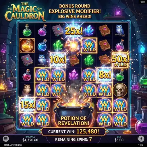 The Magic Cauldron bonus round with cluster wins and potion symbols