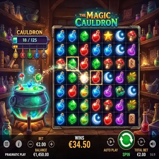 The Magic Cauldron base game with 7x7 cluster pays grid