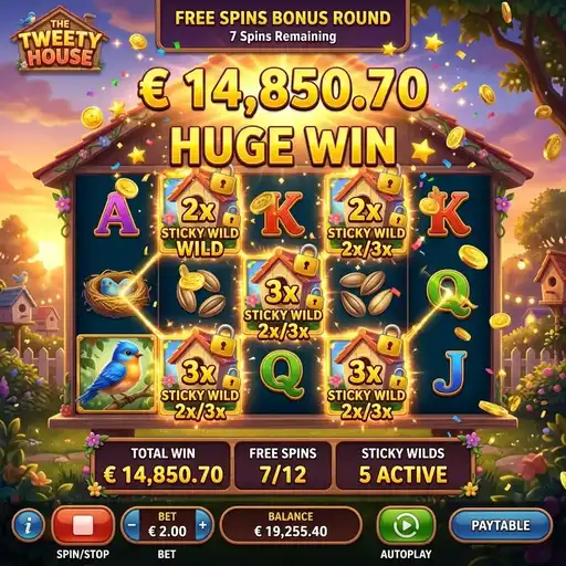 The Tweety House free spins feature with bird house symbols and wilds