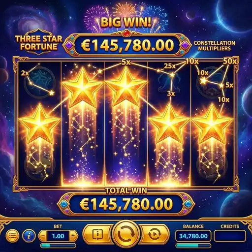 Three Star Fortune multi-bonus gold silver bronze star celestial nebula planet constellation