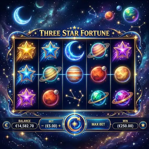 Three Star Fortune slot 5x3 grid 25 paylines celestial stars multi-bonus gold silver bronze