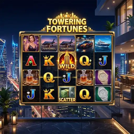 Towering Fortunes slot 5x4 grid 40 paylines tower stacking mechanic vertical coverage fantasy castle theme