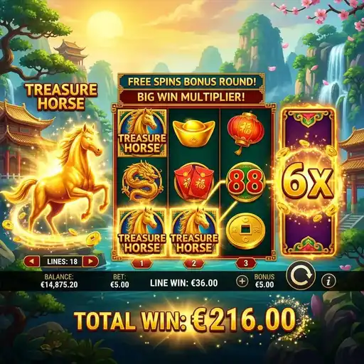 Treasure Horse golden horse galloping respin chain multiplier increasing Chinese New Year fireworks