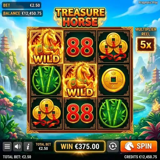 Treasure Horse slot 3x3 grid Chinese New Year golden horse respin multiplier progressive celebration