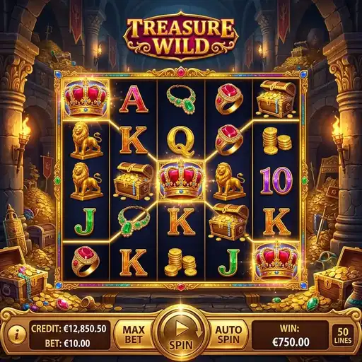 Treasure Wild slot base game with treasure symbols and multiplier wilds
