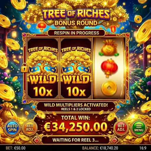 Tree of Riches progressive multiplier building golden fortune tree growing coins gems visual progression