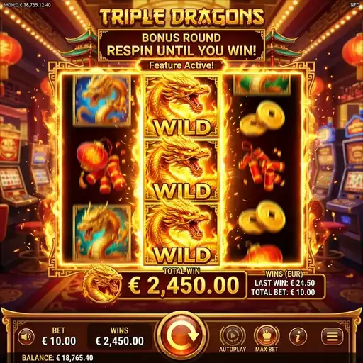 Triple Dragons gameplay pure spinning 3x3 grid gold dragon red dragon green dragon Chinese