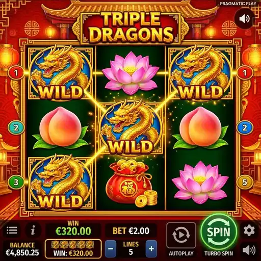 Triple Dragons slot 3x3 grid 5 paylines simplest game no features pure spinning Chinese dragons
