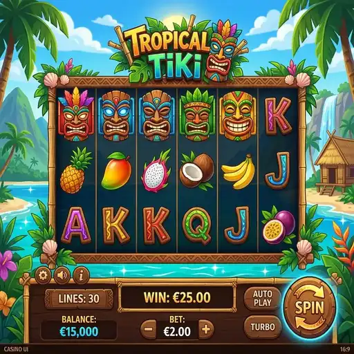 Tropical Tiki slot base game with tropical symbols and variable grid