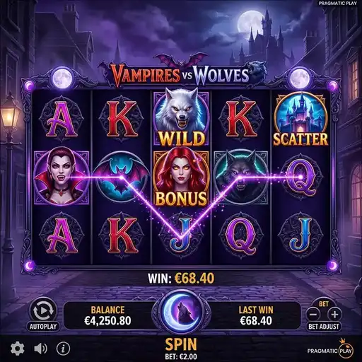 Vampires vs Wolves slot 5x3 grid with vampire and wolf premium symbols on dark gothic backdrop