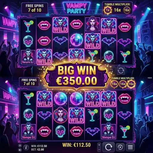Vampy Party free spins with rotating party modifiers and vampire disco effects