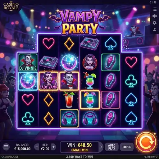 Vampy Party cartoon vampire disco slot with party mode meter and dance floor theme