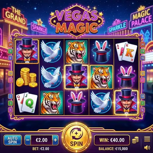 Vegas Magic slot with magician random modifier and Las Vegas neon casino theme