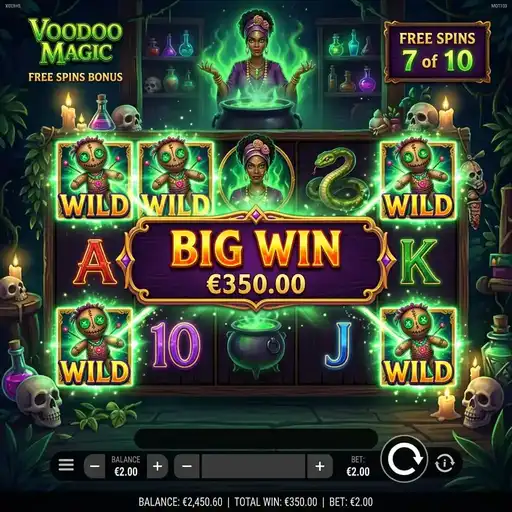 Voodoo Magic free spins with enhanced golden voodoo doll multiplier pins
