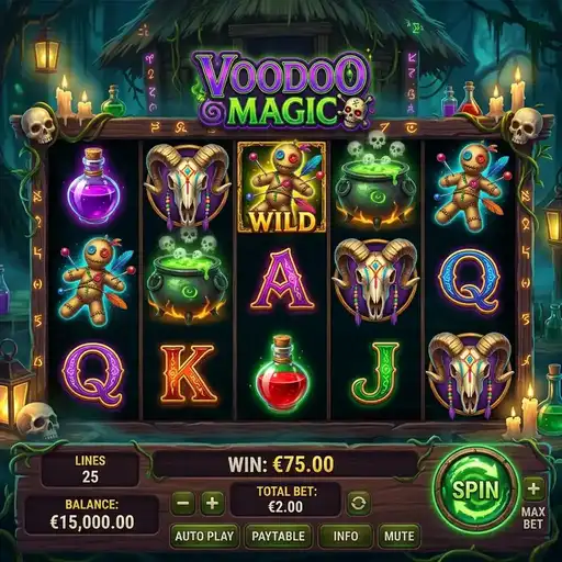 Voodoo Magic slot 5x4 grid with directional pin voodoo doll wild multipliers