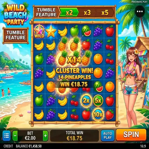 Wild Beach Party slot 5x3 grid with tropical summer symbols and beach DJ theme