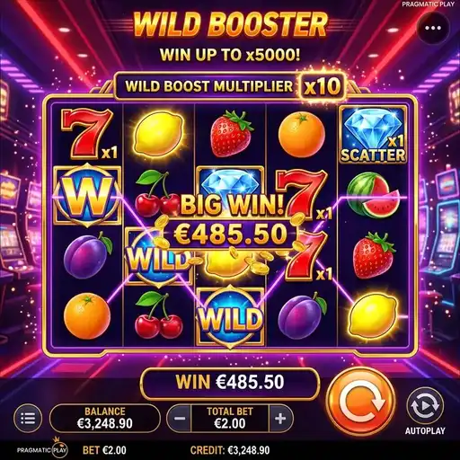 Wild Booster slot 5x4 grid with neon wildlife silhouettes and wild collection meter