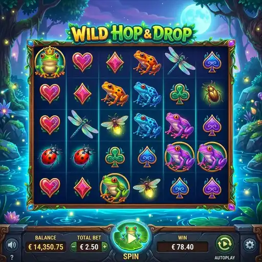 Wild Hop and Drop slot base game with frog multiplier and pay anywhere grid