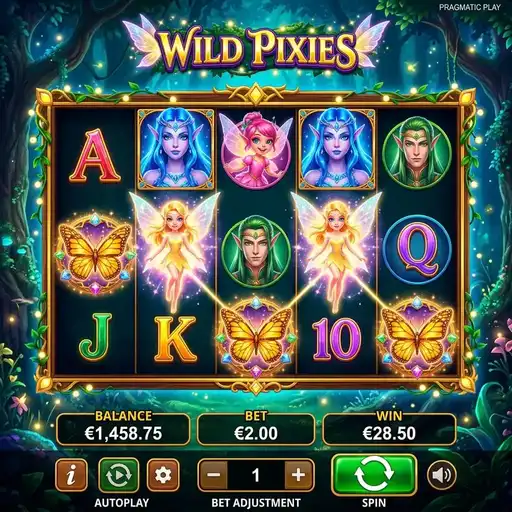 Wild Pixies slot 5x3 grid with dual pink and blue pixie wild system in enchanted forest