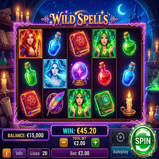 Wild Spells witch slot with cauldron potion modifiers on dark magical forest backdrop