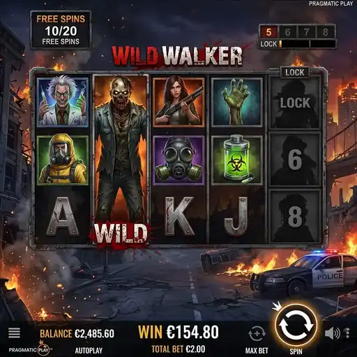 Wild Walker zombie slot 5x3 grid with zombie wild collection mechanic and apocalypse theme