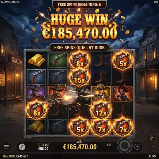 Wild West Duels free spins with expanding wild duel showdown character covering full reel on 5x4 western grid
