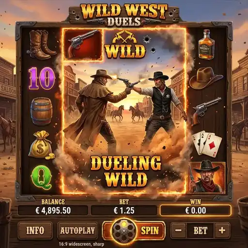 Wild West Duels slot 5x4 grid with western duel showdown theme expanding wilds 40 paylines desert sunset backdrop