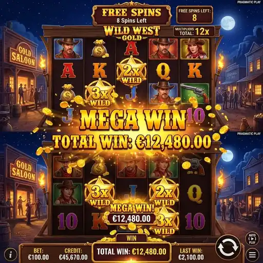 Wild West Gold free spins with sticky multiplier wilds locked on reels 2x 3x 5x stacking in western desert setting