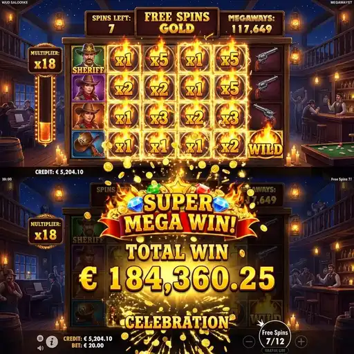 Wild West Gold Megaways free spins cascading with progressive multiplier trail and wild multiplier symbols on western grid